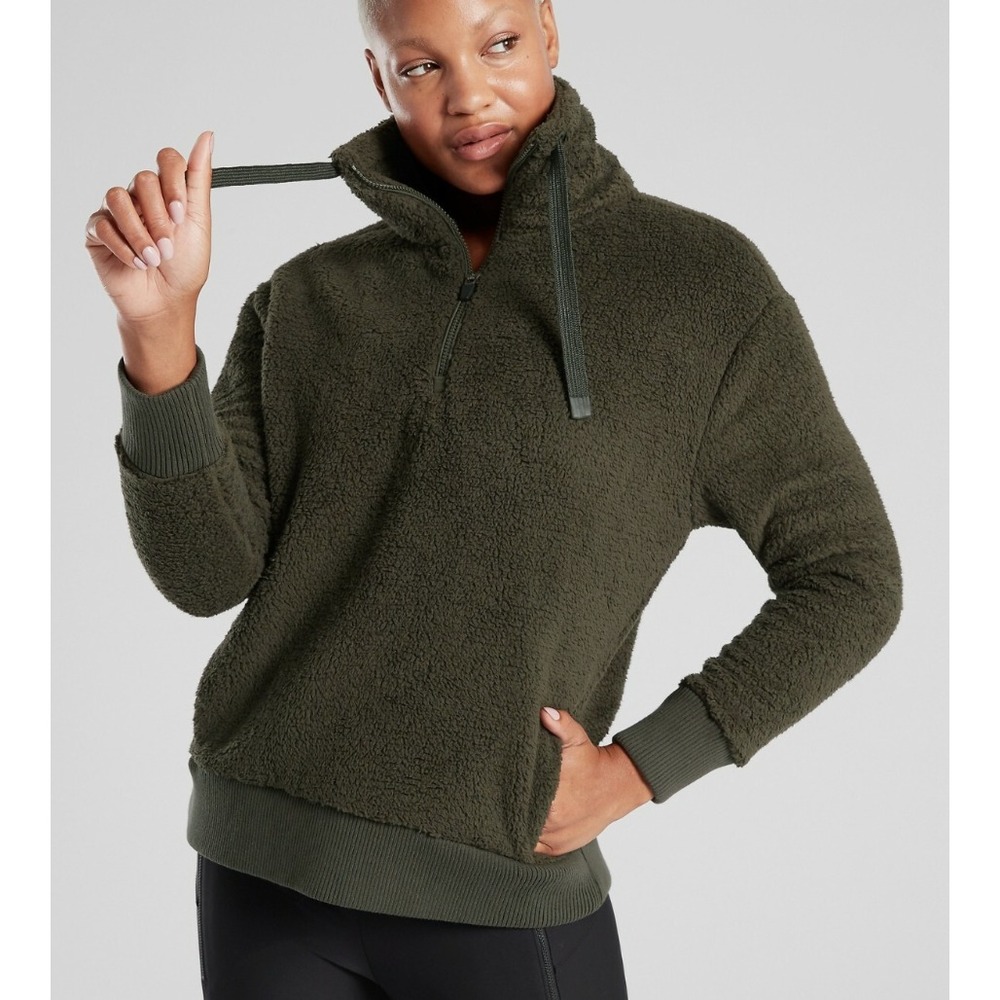 Athleta Womens Talus Sherpa Half Zip Jacket Sz XS Olive Green Funnel Neck